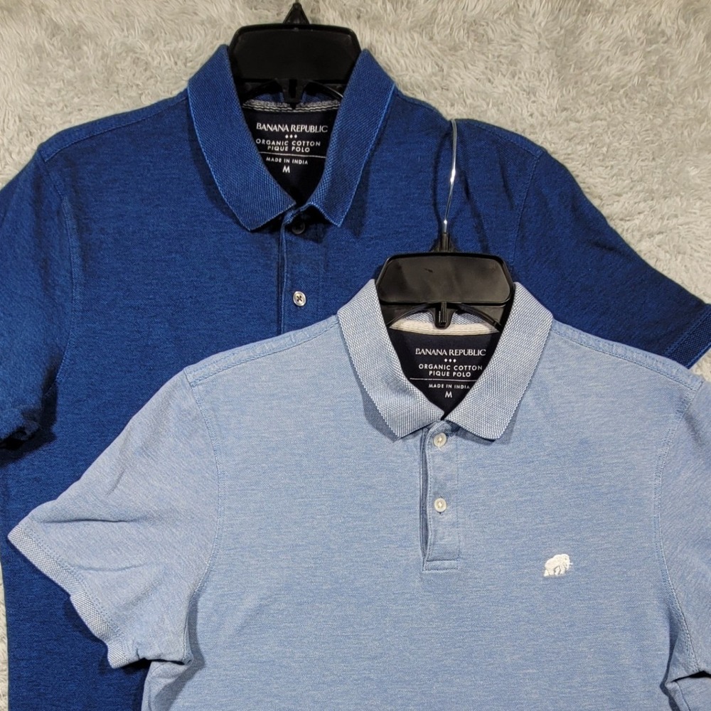 Banana Republic Pique Polo Shirt Bundle Mens Medium Blue Organic Cotton 2 Pack